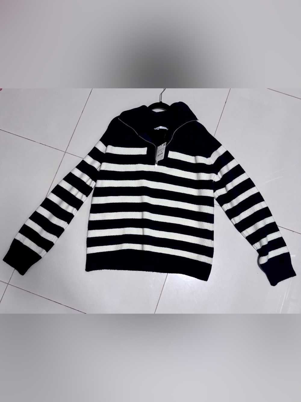 Zara Navy & White Striped Cowl Half-Zip Sweater